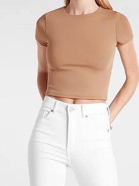 Express Body Contour Camel Top XS Fitted Stretch Tee Short Sleeve Neutral